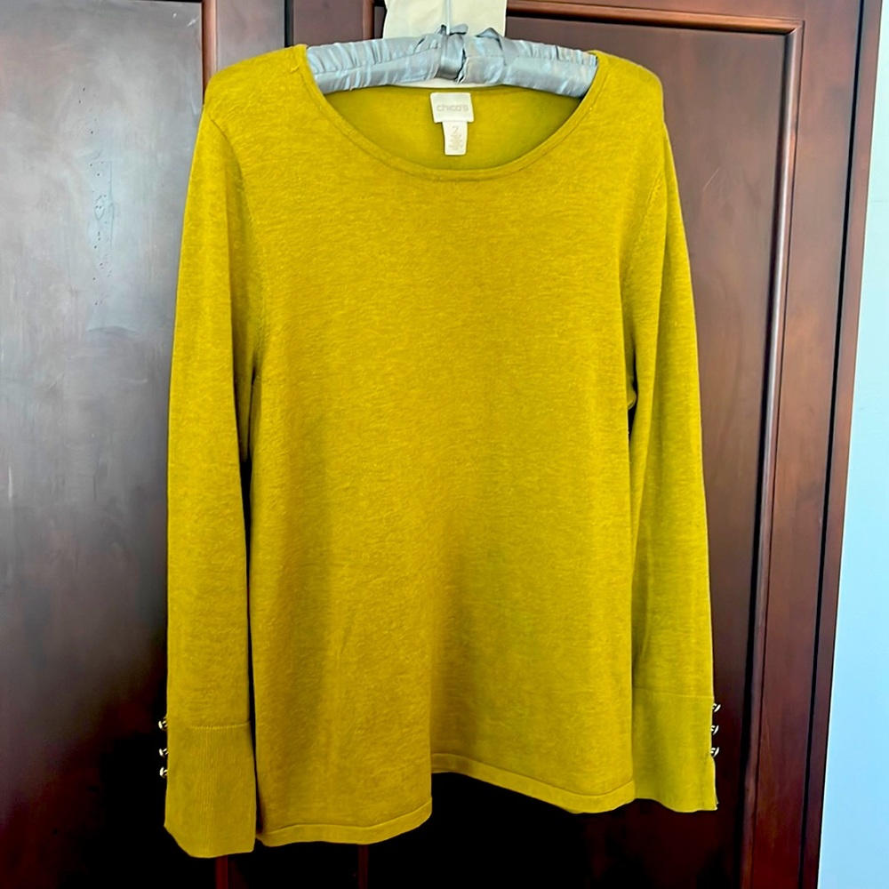 Chico’s green sweater with gold button detail